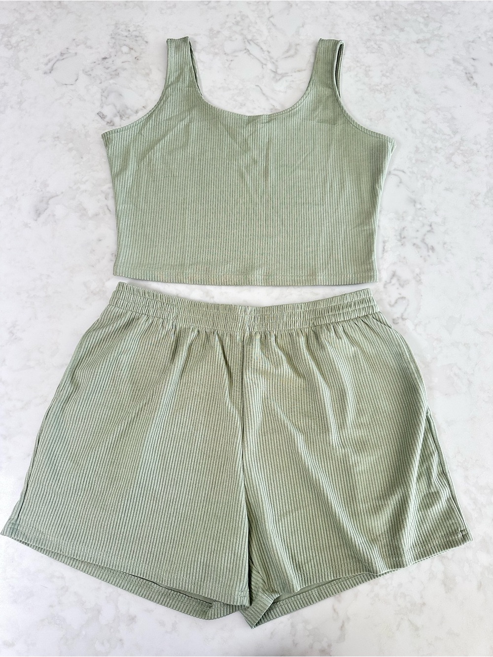 Ribbed Tank and Shorts Lounge Set in Sage Green. Size XL